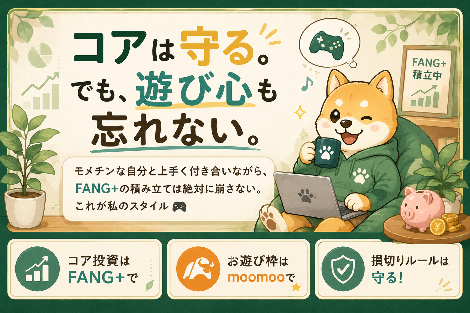 コアは守る。でも、遊び心も忘れない。モメチンな自分と上手く付き合いながら、FANG+の積み立ては絶対に崩さない。これが私のスタイル