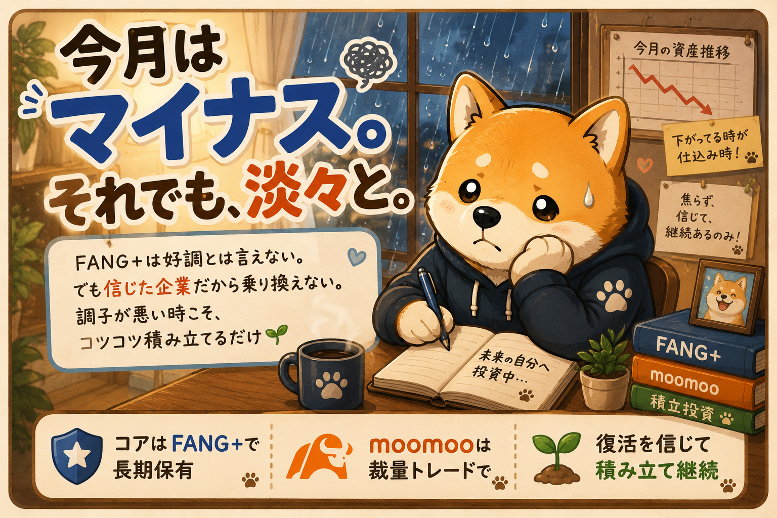 今月はマイナス。それでも、淡々と。FANG+は好調とは言えない。でも信じた企業だから乗り換えない。調子が悪い時こそ、コツコツ積み立てるだけ。